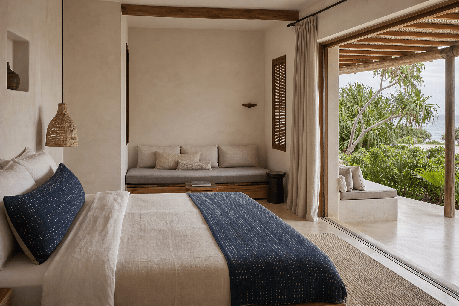 Editorial coastal guest suite with a shaded terrace